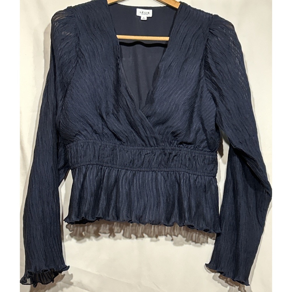 Navy Peplum Wrap Formal Top Long Sleeve Lined Bodice L Crinkled Pleated Chiffon